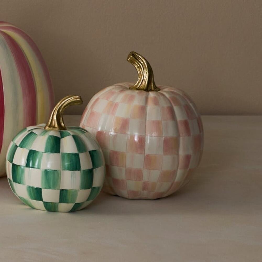 Mackenzie Childs Rosy Check Small Pumpkin Hand Painted Halloween Decor New - Picture 2 of 2